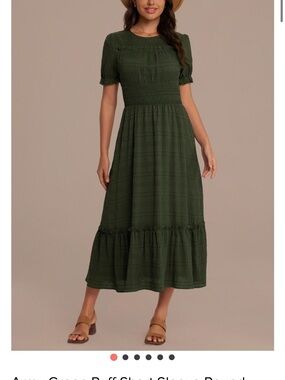 Petallush Olive Green Smocked Puff Sleeve Midi Dress